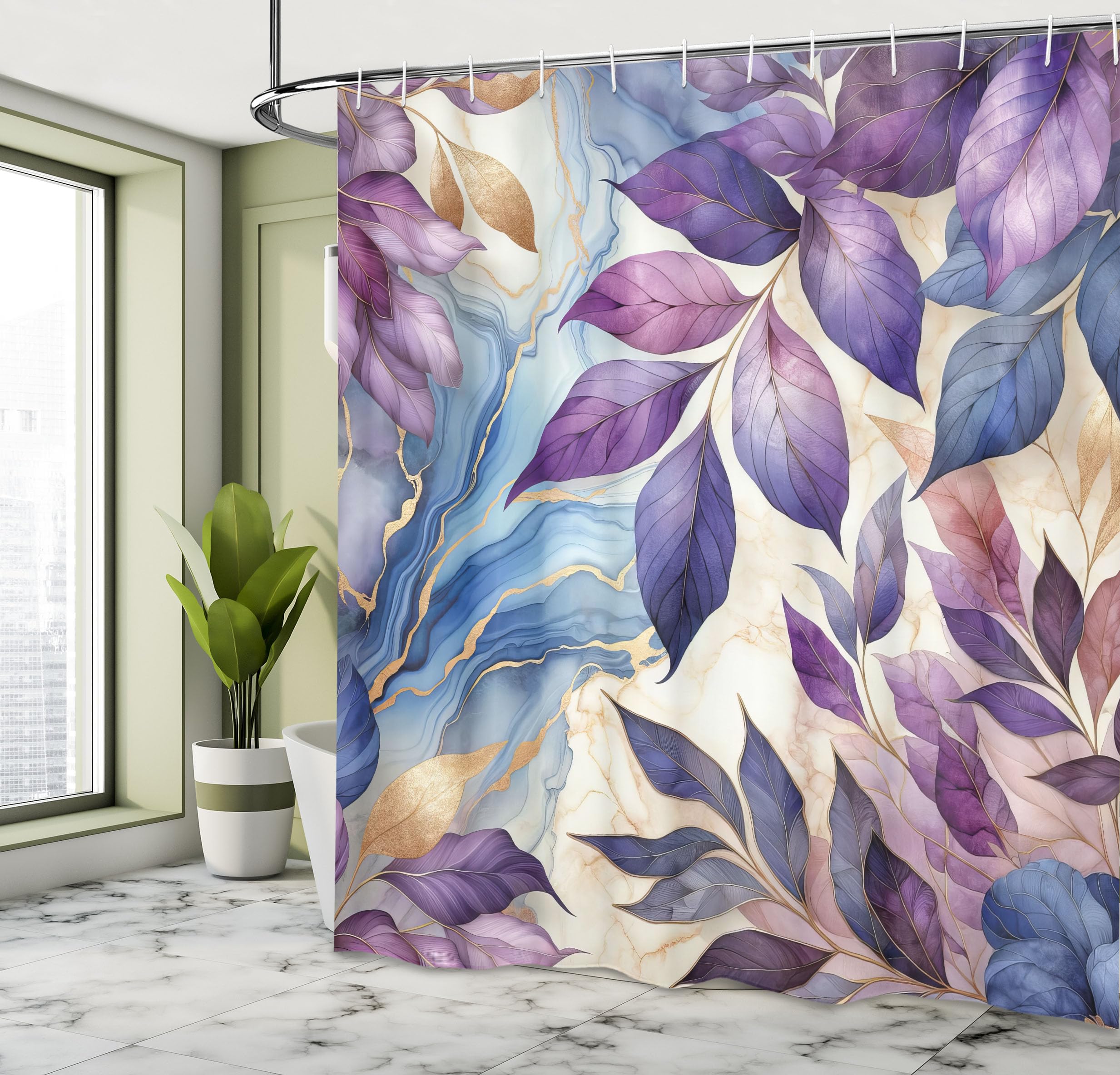 Ambesonne Purple Shower Curtain, Leaves Dancing In The Wind Art On A Marble Print Background In Warm Tones, Cloth Fabric Bathroo